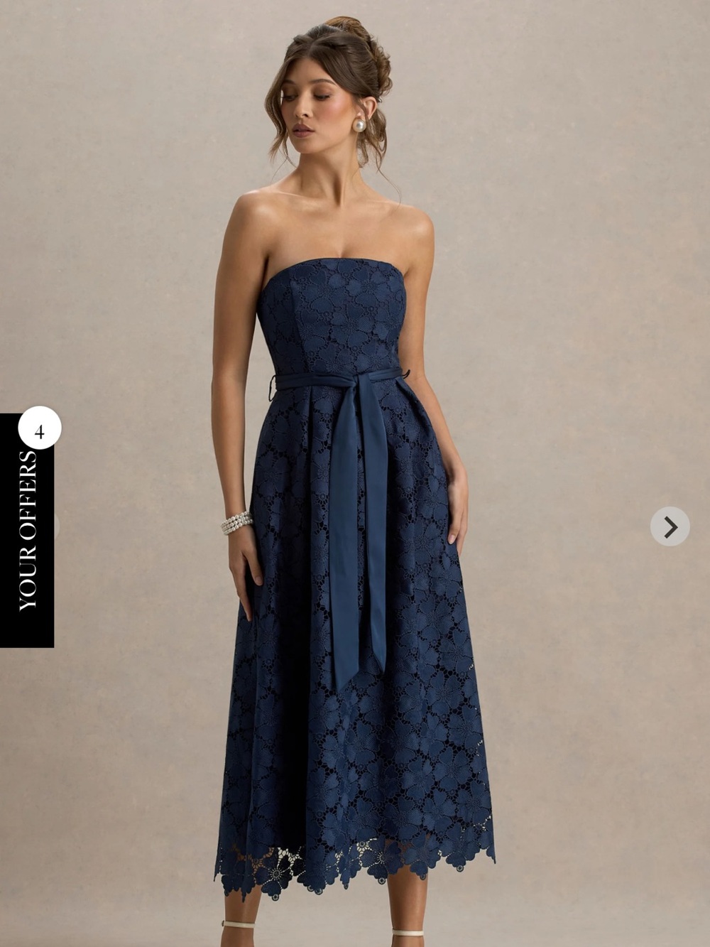 Club L London Strapless Navy Lace Midi Dress with Sash